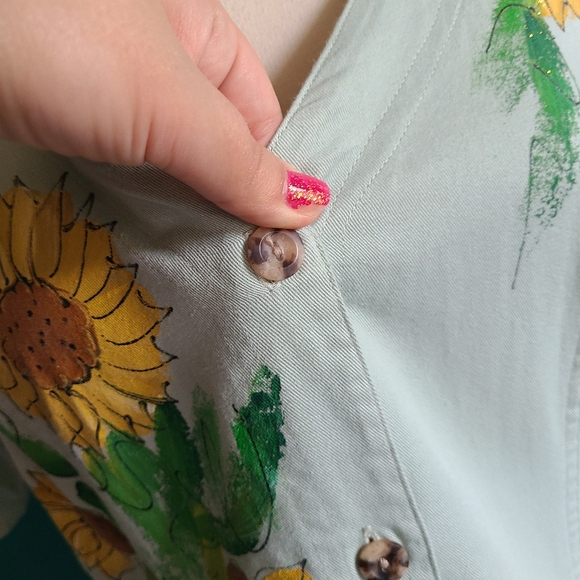 vintage 90s hand painted denim dress size large button front pastel green flower - Picture 4 of 9